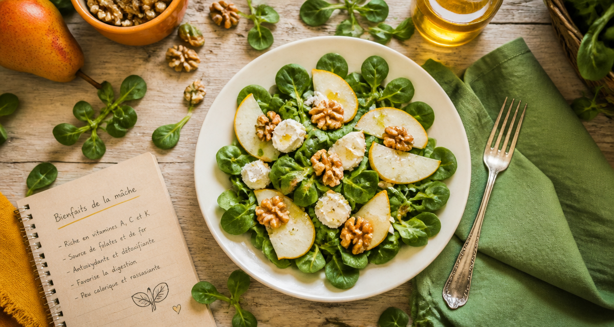 Bienfait de la mache salade poire noix chèvre