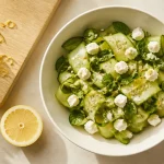 Courgette concombre, rubans assaisonnés menthe citron et feta