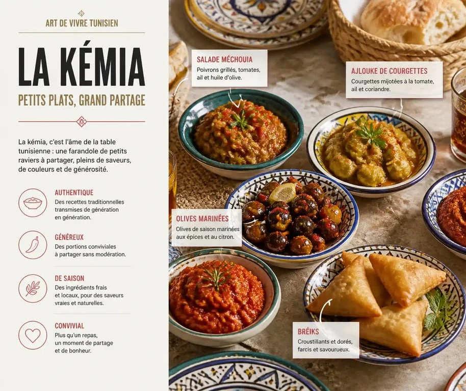 Assortiment de kémia tunisienne dans des raviers traditionnels sur une table