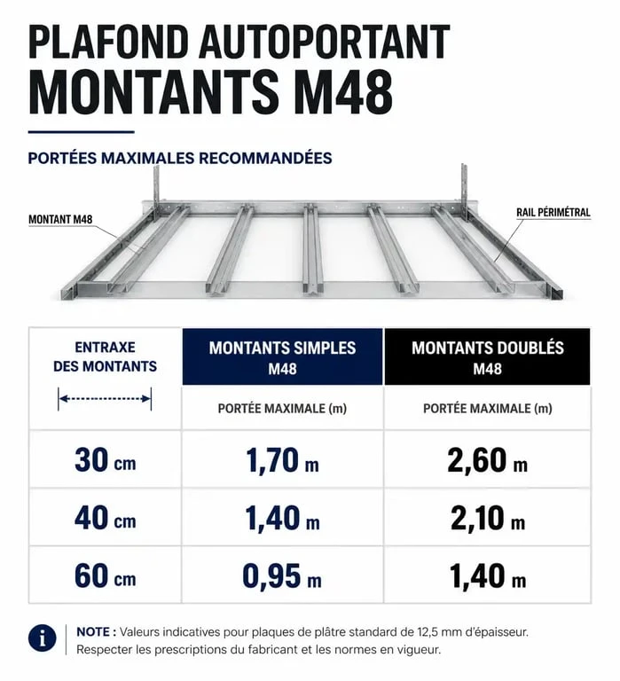 Tableau des portées maximales pour plafond autoportant avec montants M48