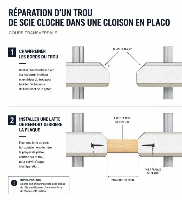 Schéma technique illustrant les étapes pour reboucher un trou de scie cloche dans une cloison en placo avec renfort.
