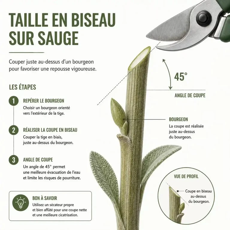 Schéma explicatif pour savoir quand tailler les sauges et comment réaliser une coupe en biseau