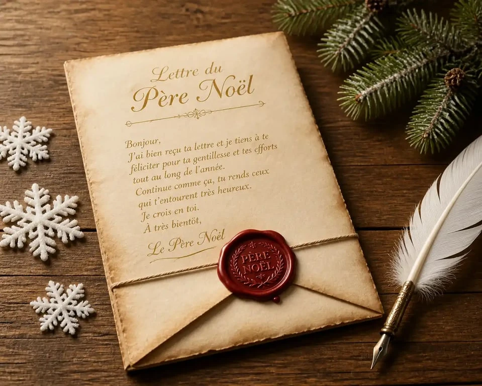Lettre réponse du Père Noël personnalisée avec sceau de cire et décoration de Noël
