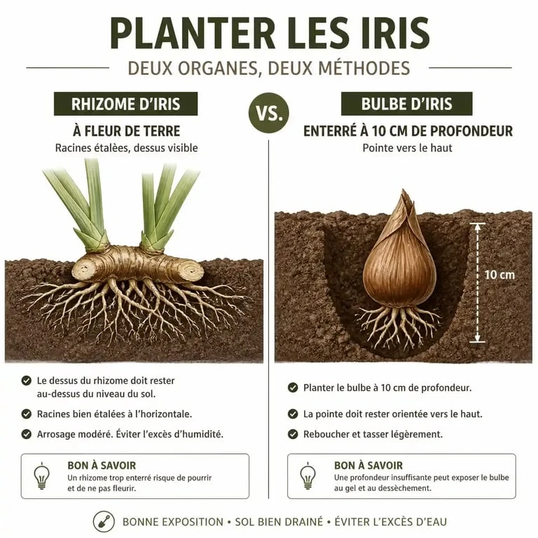 Schéma comparatif pour savoir quand planter des iris : rhizomes en surface et bulbes en profondeur