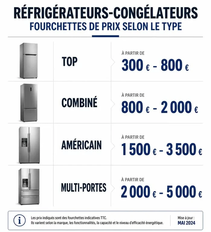 Infographie des prix d'un frigo congélateur selon le modèle et la capacité