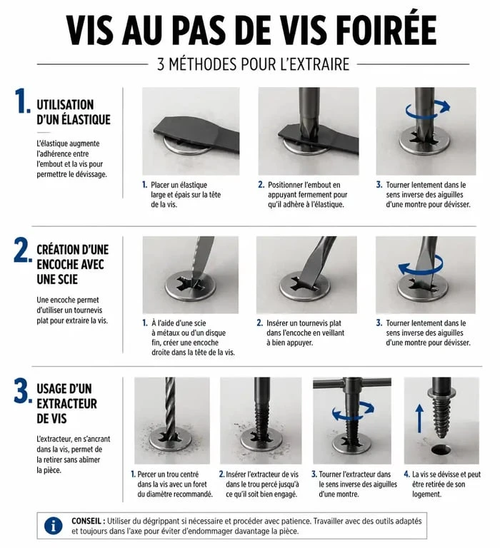 Schéma technique des méthodes pour extraire une vis au pas de vis foiré