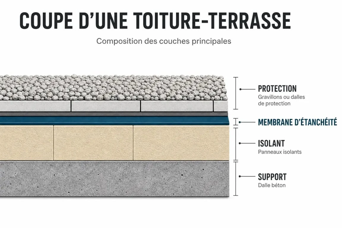 Schéma technique des couches d'étanchéité des toitures pour une protection efficace contre les infiltrations