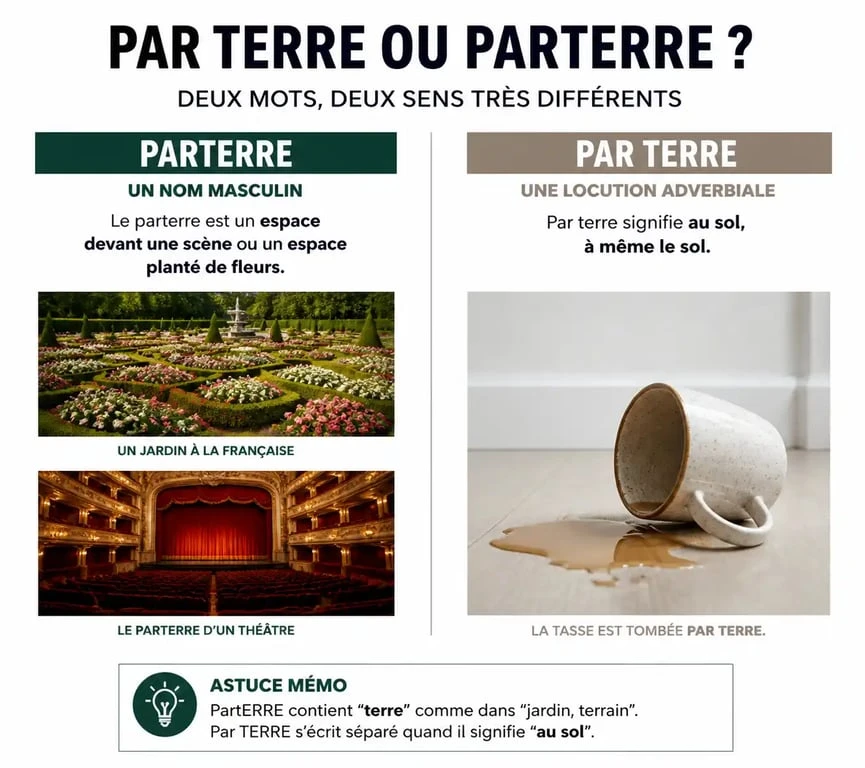 Infographie comparative illustrant la différence orthographique et sémantique entre parterre et par terre