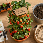 Plantation fraisier en hauteur : tour de fraisiers en pots superposés