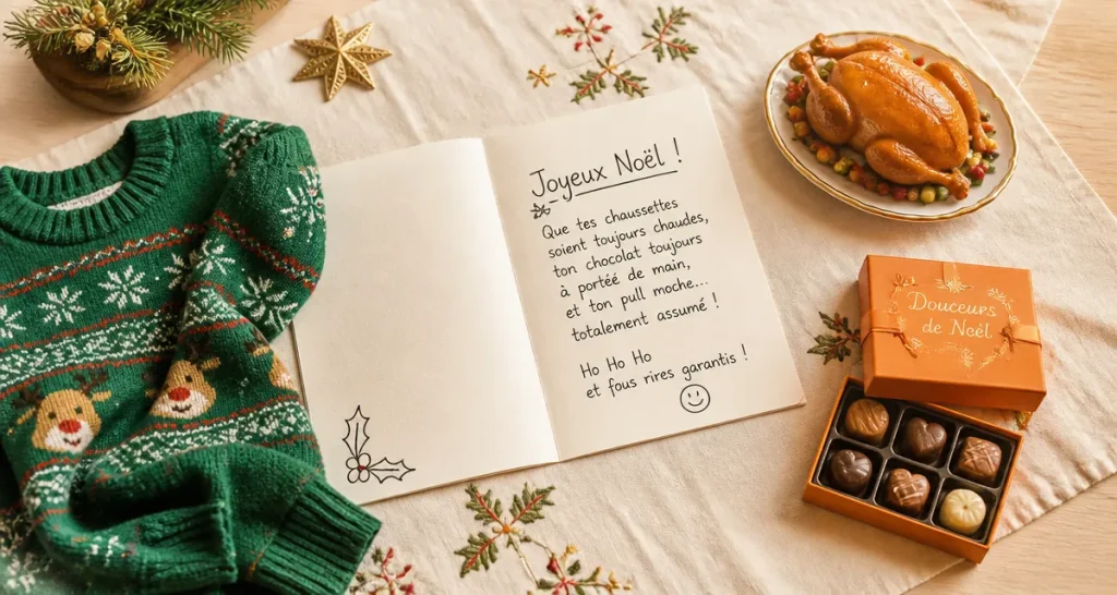 Texte joyeux noël rigolo sur carte de vœux, table de Noël