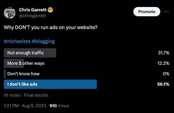 Unscientific survey of bloggers why they don't monetize with ads