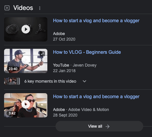 Vlogging and Videos, especially YouTube, appear prominently in search results pages