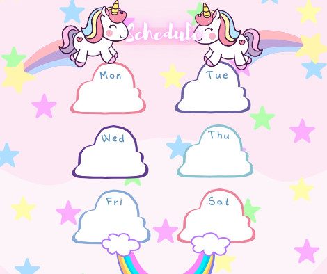 Colorful unicorn-themed weekly schedule with stars and rainbows for kids' organization.