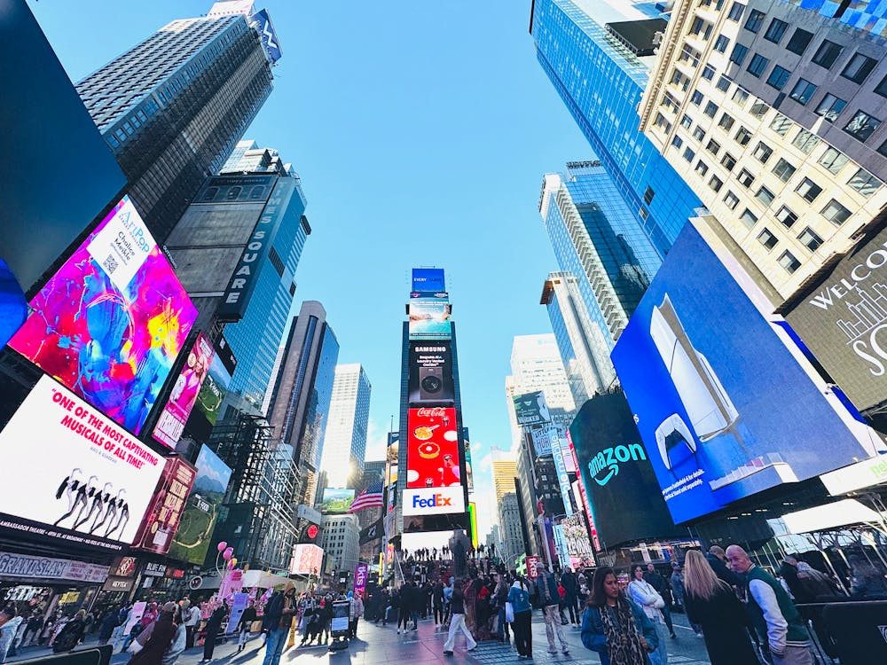 Vibrant Times Square with digital billboards and skyscrapers in New York City.
