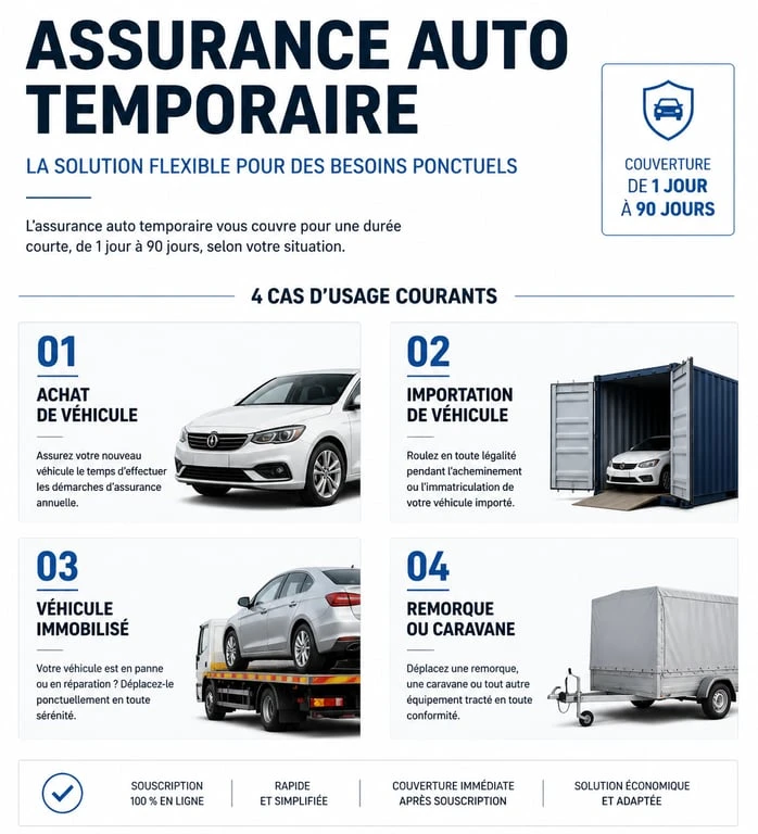 Infographie des cas d'usage et durées recommandées pour l'assurance auto temporaire Assuroad