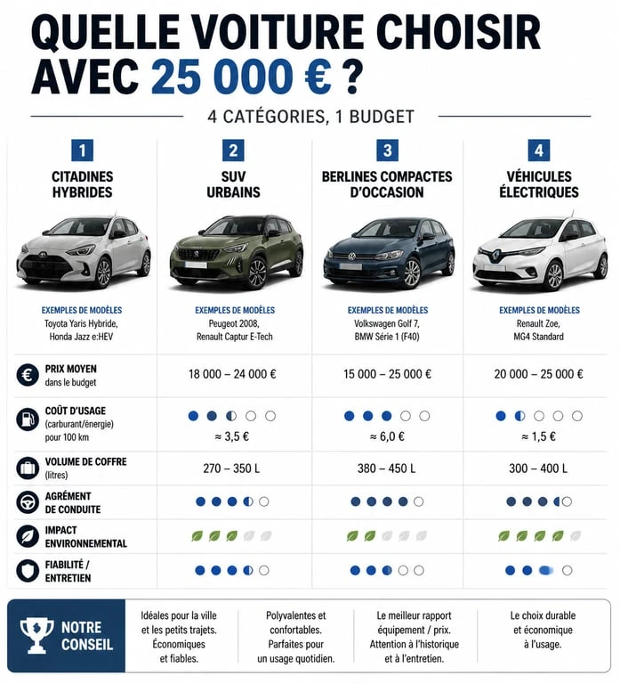 Infographie comparative des meilleures options de voitures pour un budget de 25000 euros