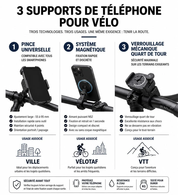 Comparatif des types de supports de téléphone pour vélo : pince, magnétique et verrouillage mécanique pour choisir le meilleur porte tel velo.