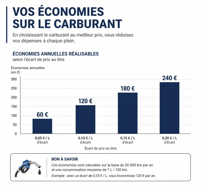 Infographie montrant les économies annuelles réalisables avec Carbeo selon l'écart de prix au litre