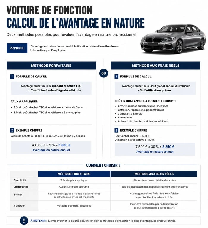 Infographie explicative du calcul de l'avantage en nature pour une voiture de fonction de cadre