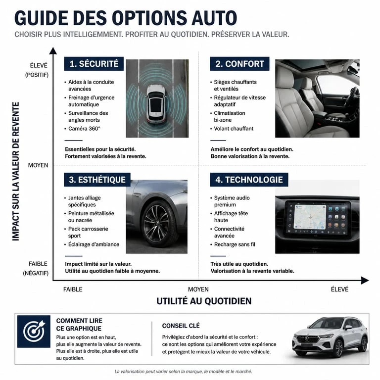 Infographie comparative des options voiture : impact sur la valeur de revente et utilité quotidienne pour bien choisir ses équipements.