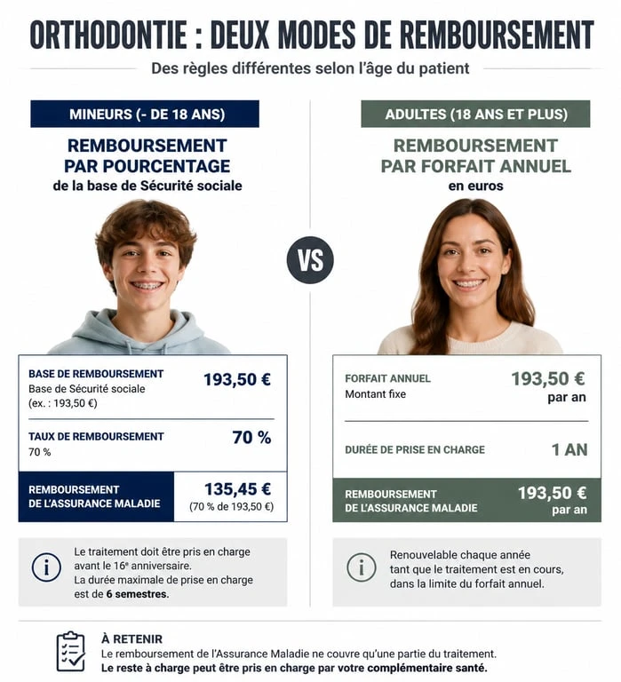 Infographie comparative des modes de remboursement mutuelle pour traitement Invisalign adulte et enfant