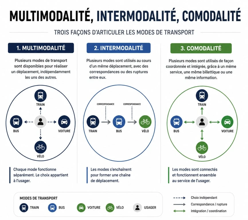 Schéma explicatif de la différence entre multimodalité, intermodalité et comodalité dans les transports