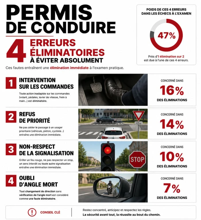 Infographie des 4 erreurs éliminatoires courantes au permis de conduire