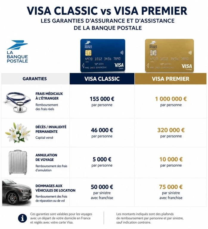 Tableau comparatif des garanties d'assurance et d'assistance des cartes Visa La Banque Postale