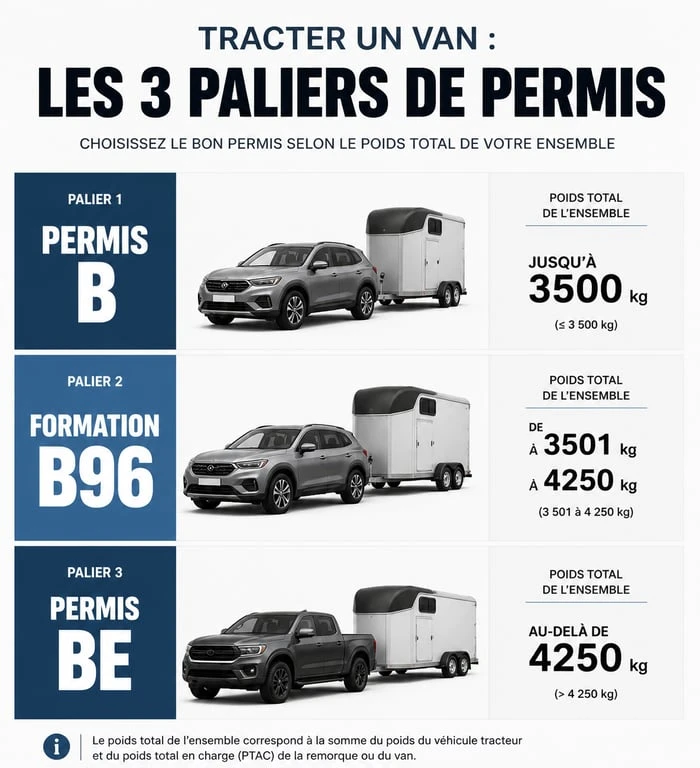 Infographie des catégories de permis de conduire pour van et remorque selon le PTAC