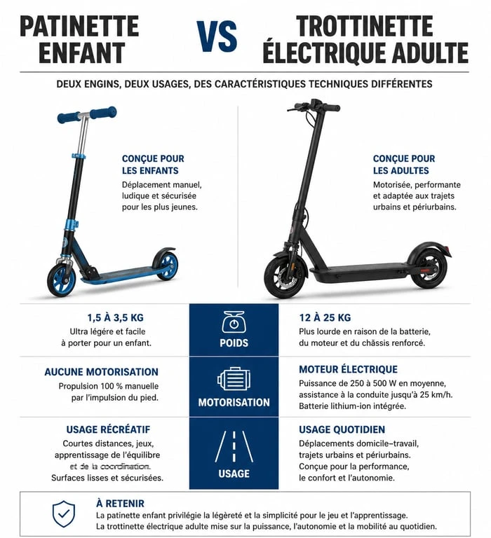 Infographie comparative : différences entre patinette et trottinette électrique pour choisir son modèle.