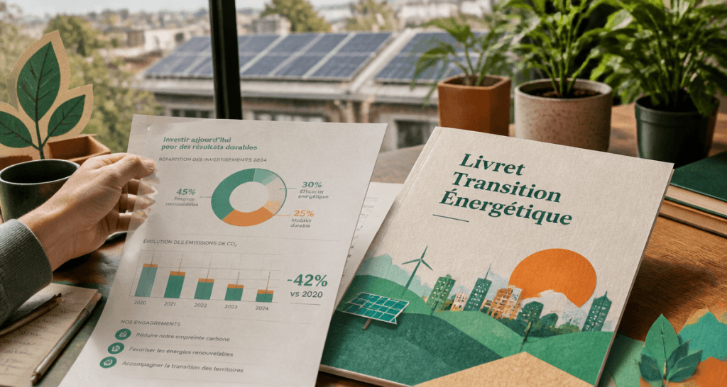 livret transition énergétique sur bureau avec graphiques et panneaux solaires