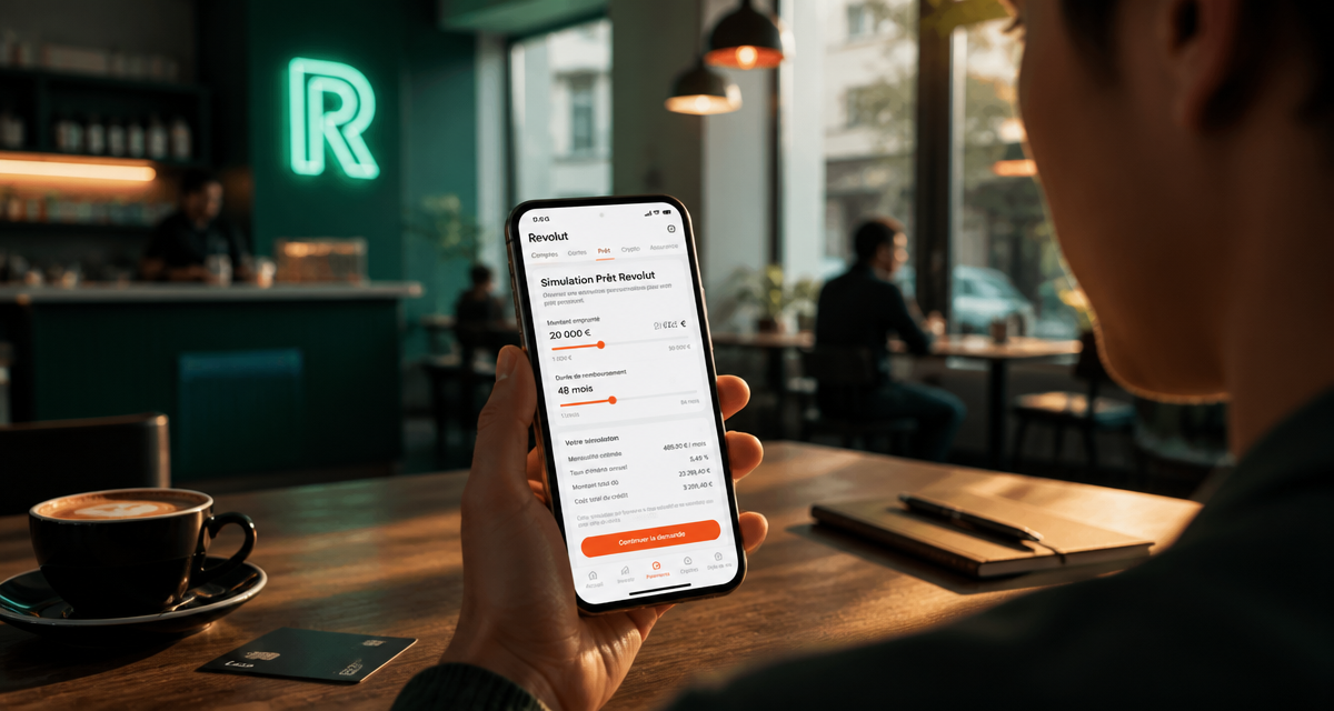 simulation prêt revolut sur smartphone dans un café