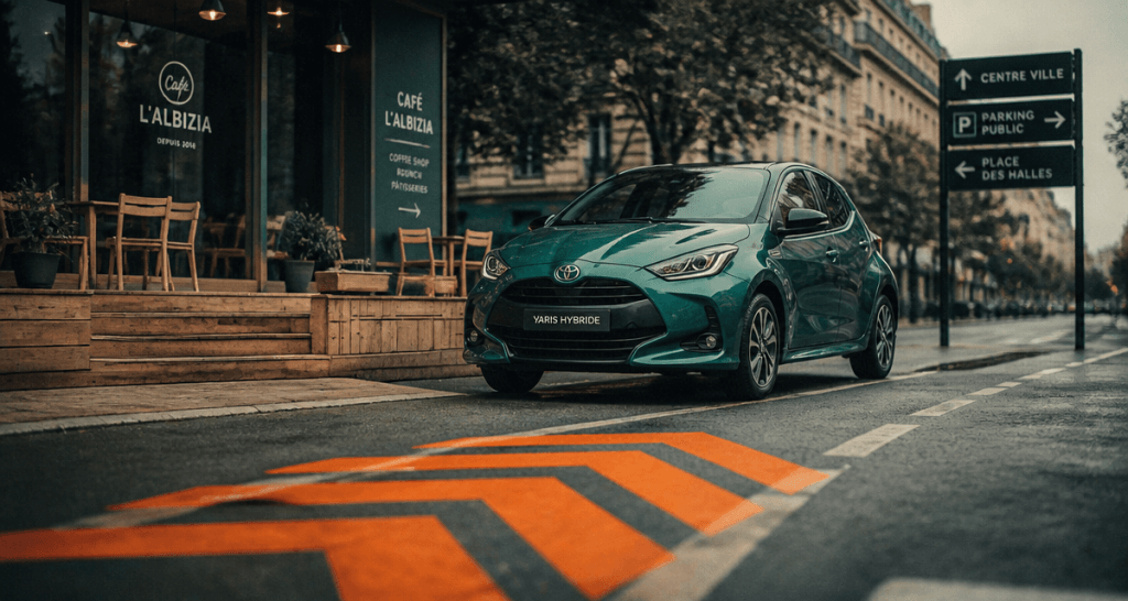 toyota yaris hybride avis garée avenue urbaine
