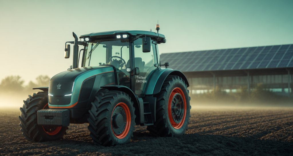 tracteur electrique dans un champ au matin