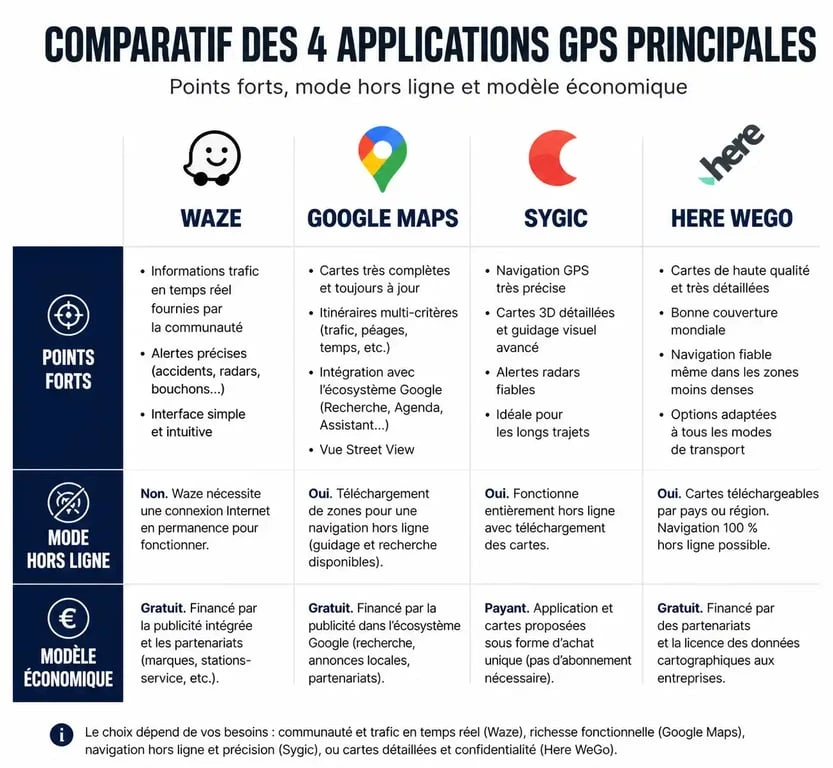 Comparatif des meilleures applications GPS : Waze, Google Maps, Sygic et Here WeGo pour choisir la solution de navigation idéale.
