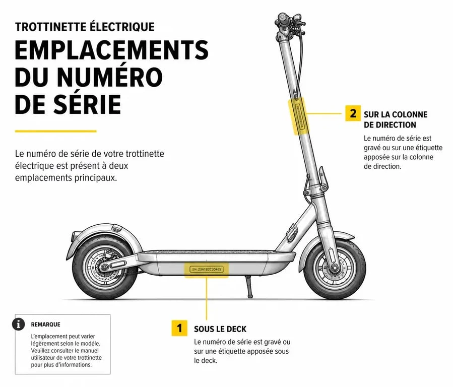 Schéma illustrant les emplacements du numéro de série sur une trottinette électrique pour faciliter son identification.
