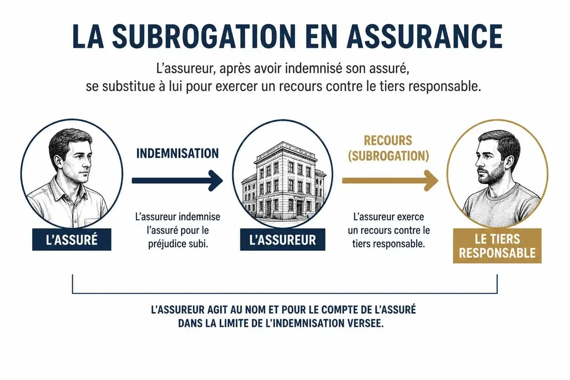 Schéma explicatif du mécanisme de subrogation assurance : transfert de droits de l'assuré vers l'assureur après indemnisation