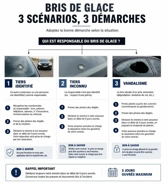 Infographie des démarches à suivre en cas de pare-brise cassé par un tiers
