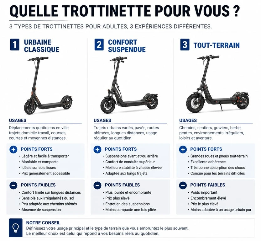 Comparatif des types de trottinettes pour adulte : urbaine, confort et tout-terrain