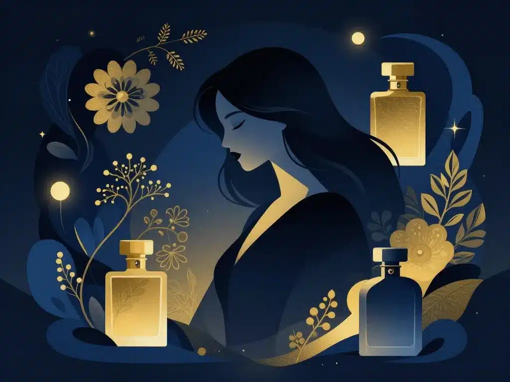 Univers olfactif Midnight Love parfum, femme élégante et motifs orientaux