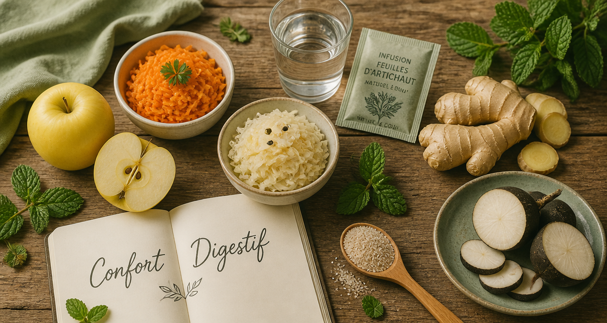 aide pour la digestion vue flat lay aliments naturels