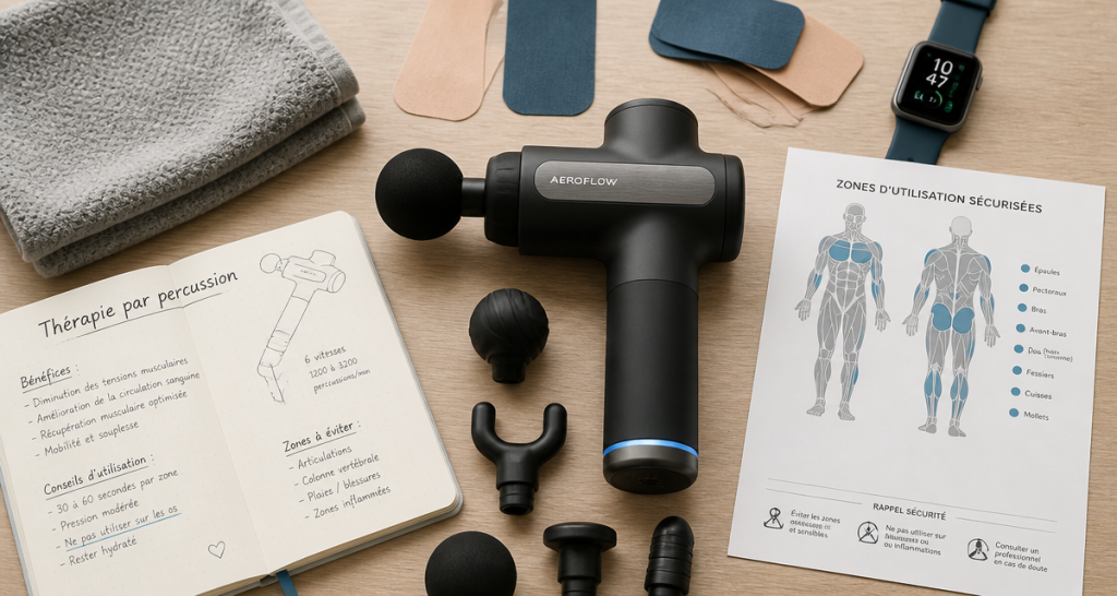 pistolet massage avis kiné sur table avec accessoires