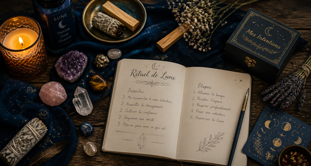 rituel de lune avec bougie et pierres naturelles