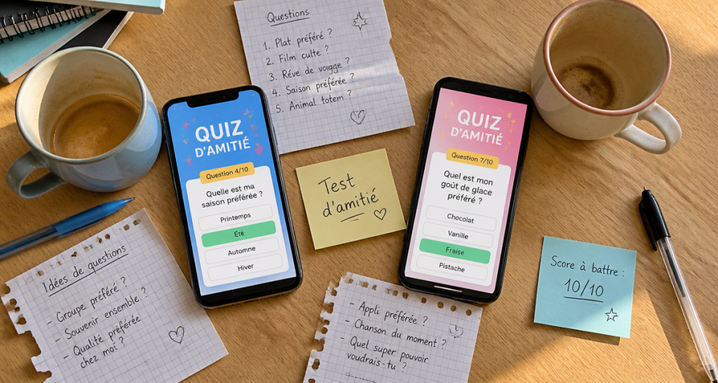Teste d'amitié sur table avec quiz et café