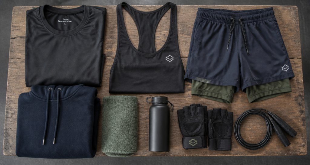 vetement musculation pour homme flat-lay