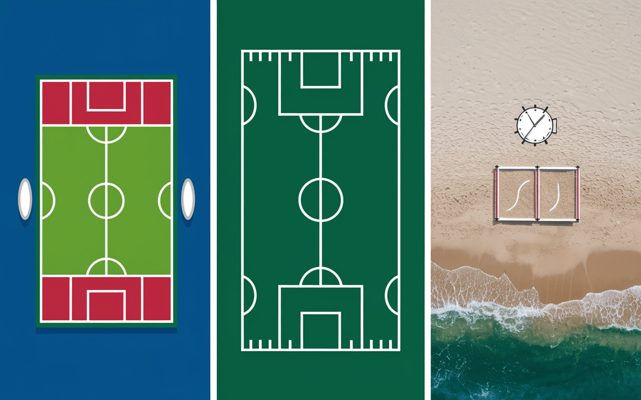 Terrains de rugby à 7, à 13 et beach rugby avec durées