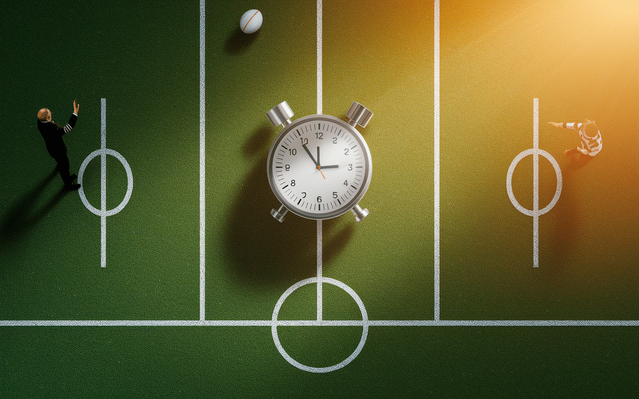 Chronomètre et terrain de rugby avec arbitre signalant la fin du temps