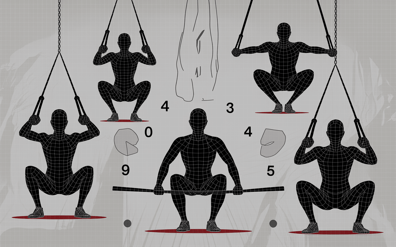 Cinq silhouettes executant exercices trx suspension squat pompes rowing planche fentes