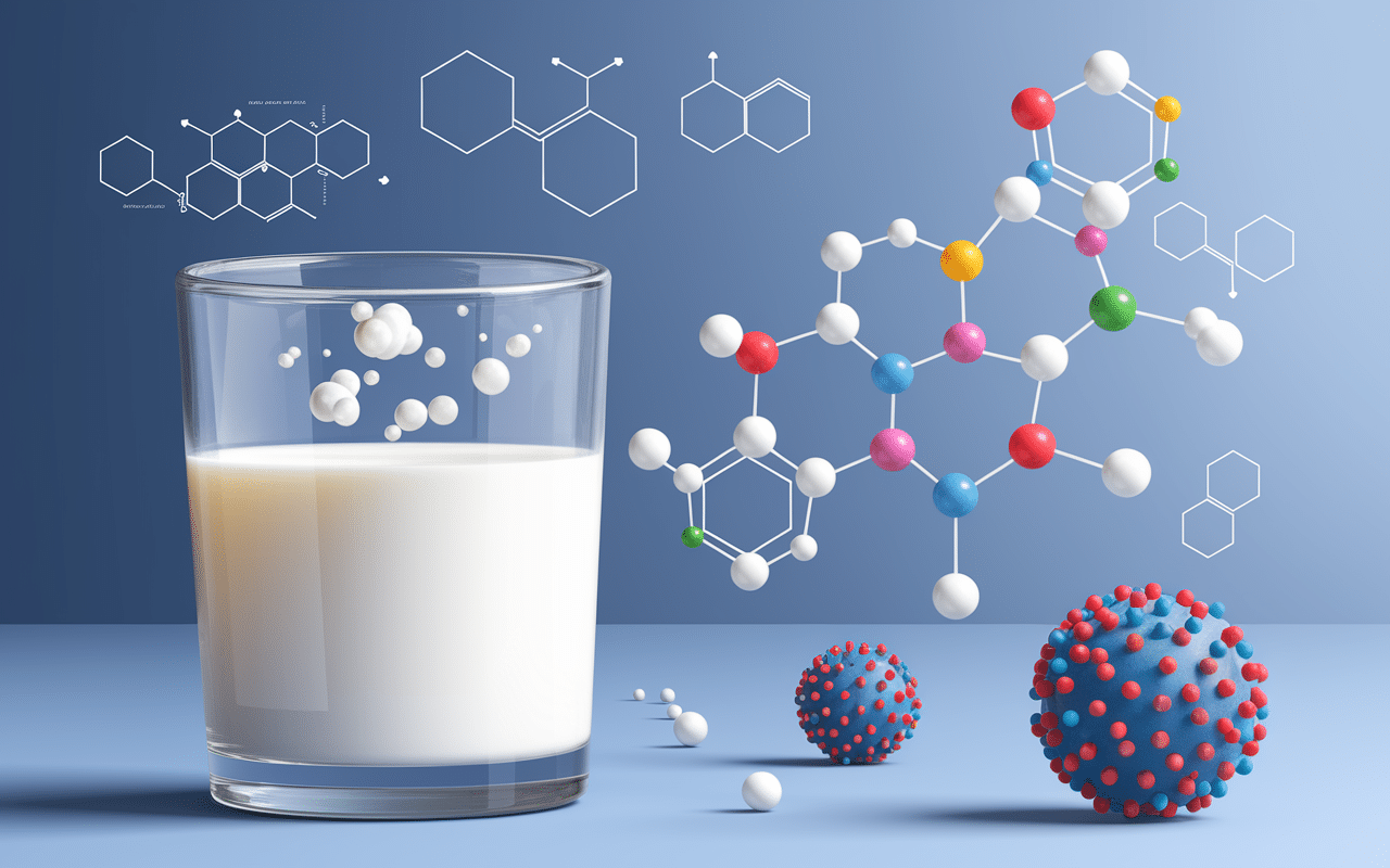 Illustration structure molecule caseine avec verre de lait