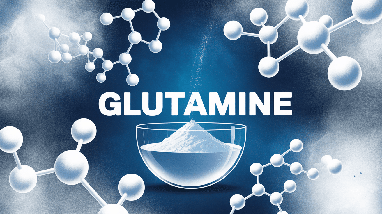 Supplément glutamine poudre dans bol avec molécules acides aminés